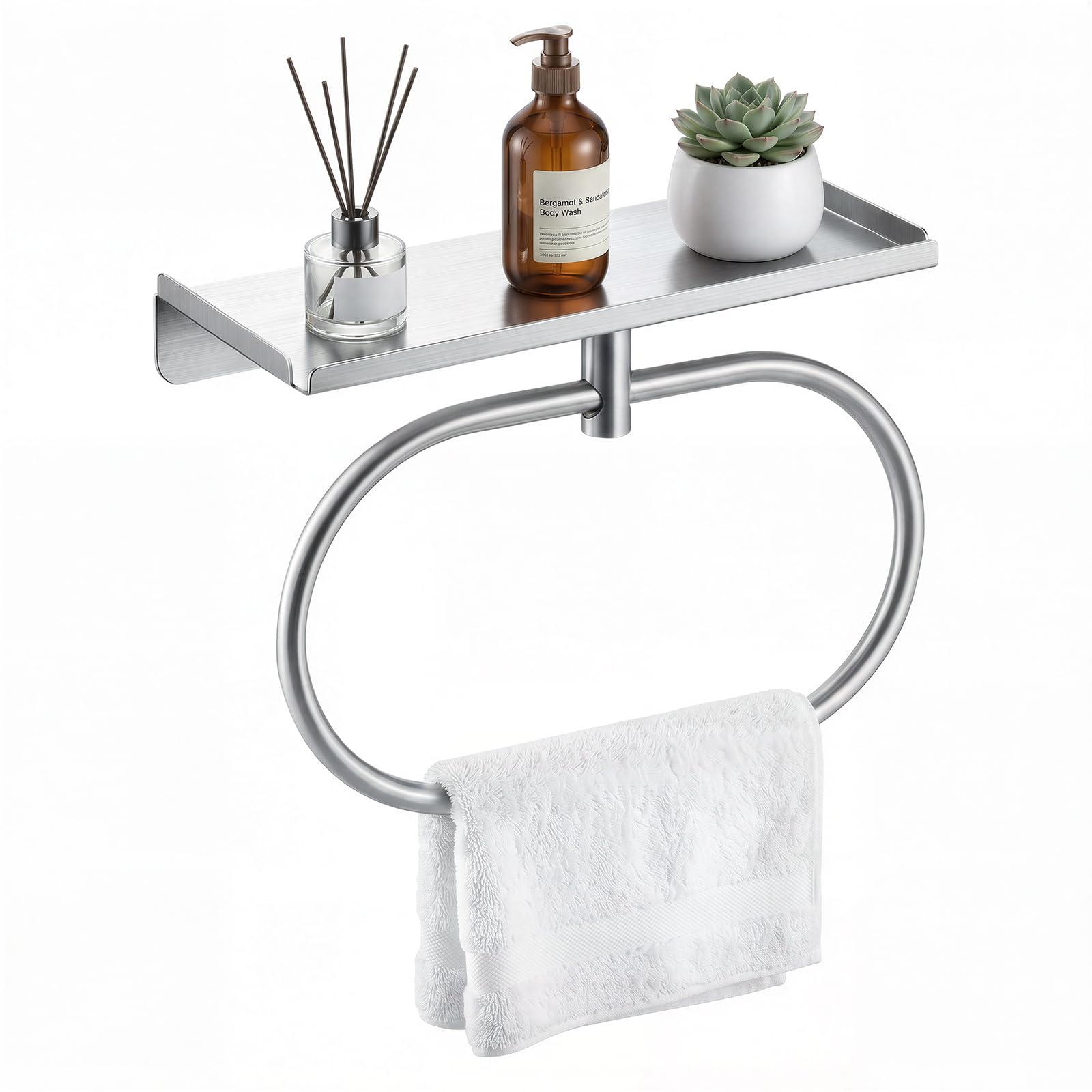 Yimomoyi Towel Ring with Shelf Self Adhesive Towel Rail Stainless Steel 180° Adjustable Rustproof Wall Mounted Towel Hanger No Drilling for Bathroom Kitchen, Silver