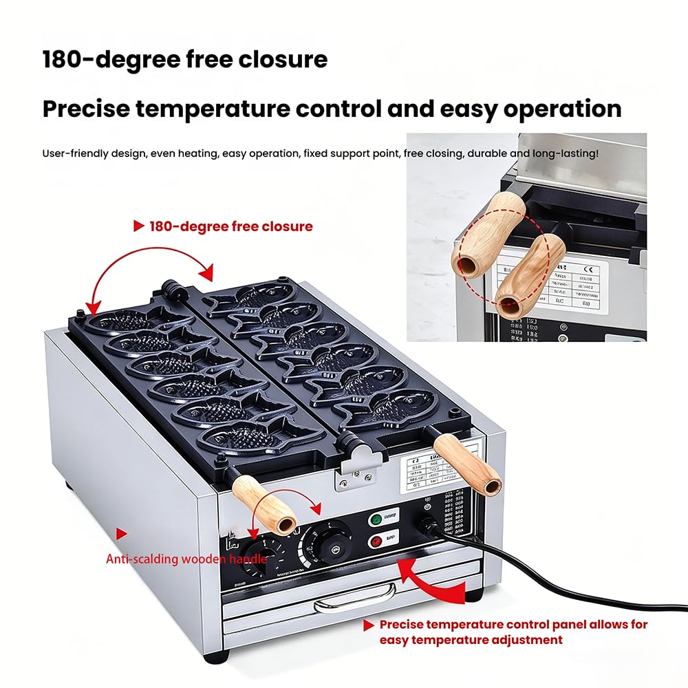 Plancha para Gofres Taiyaki con Revestimiento Antiadherente De Teflón,Temperatura Ajustable De 50 a 300 ℃,Máquina Multifuncional para Hacer Gofres De Pescado Y Aperitivos