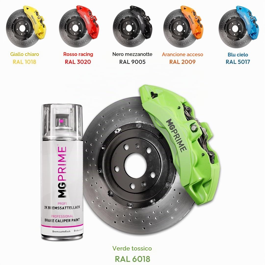 MG PRIME Vernice 2K per pinze freno Toxic Green Bomboletta spray 2 componenti vernice monostrato (simile a RAL 6018 Verde giallastro)
