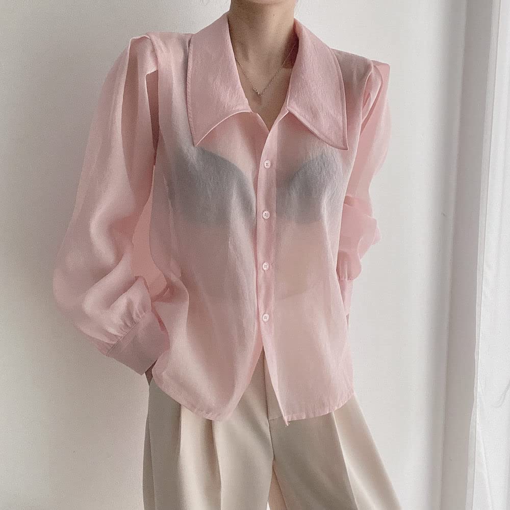 Damen-Hemd Mit Knopfleiste,Damen Satin Bluse Hemd Rosa Durchsichtig Langarm Vintage Mode Seidenhemden Business Hemd Mit Knopf Sexy Party Tops Lässige Arbeit Bürobluse Für Mädchen Damen