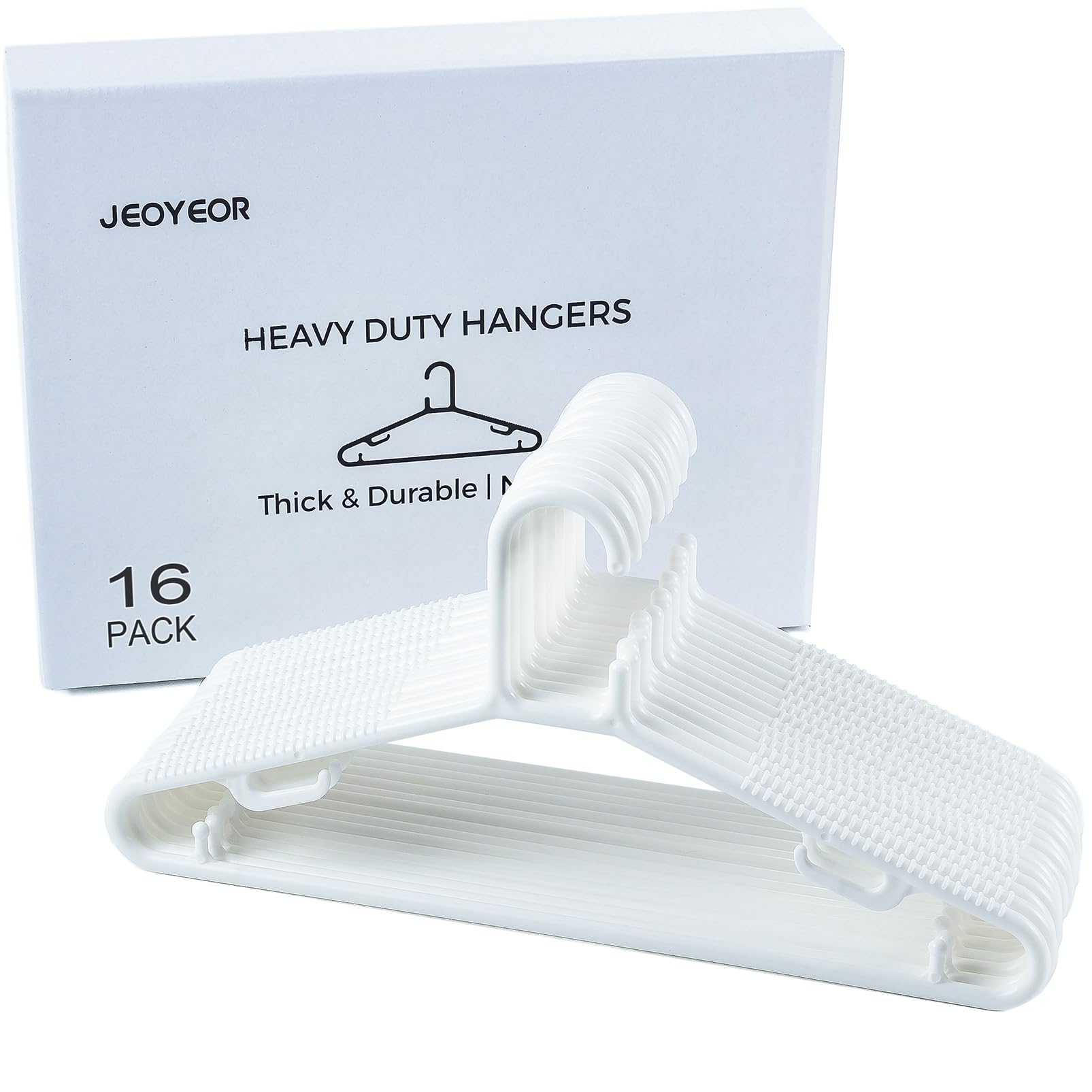 JEOYEOR Heavy Duty Plastic Clothes Hangers with Hooks - Non-Slip Durable Hangers for Thick Coats, Jackets, Dresses, Suits & Blouses - Bulk Wardrobe Storage for Home & Commercial Use (16, White)