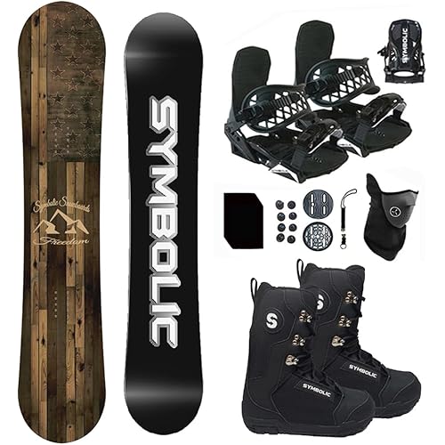 Symbolic Freedom Flag USA Snowboard , Bindings, and Boots Package with Leash, Stomp, Mask, Men Women Kids Regular-Wide (Men 12 Boot & Black Binding, 160cm)