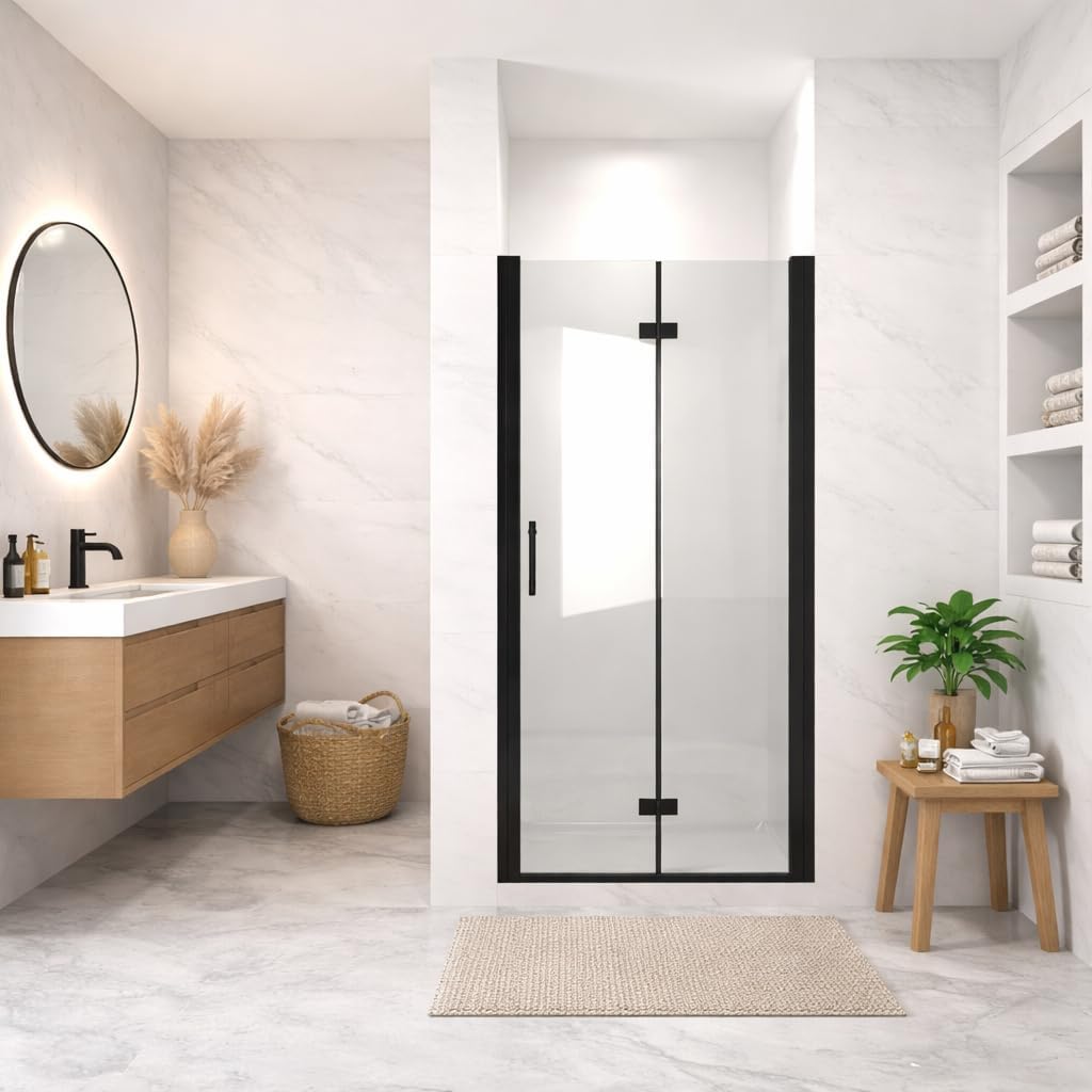 29-28"x 72" Bifold Shower Door, 1/4"(6mm) Tempered Glass, Matte Black Aluminum Frame, Explosion Proof Film