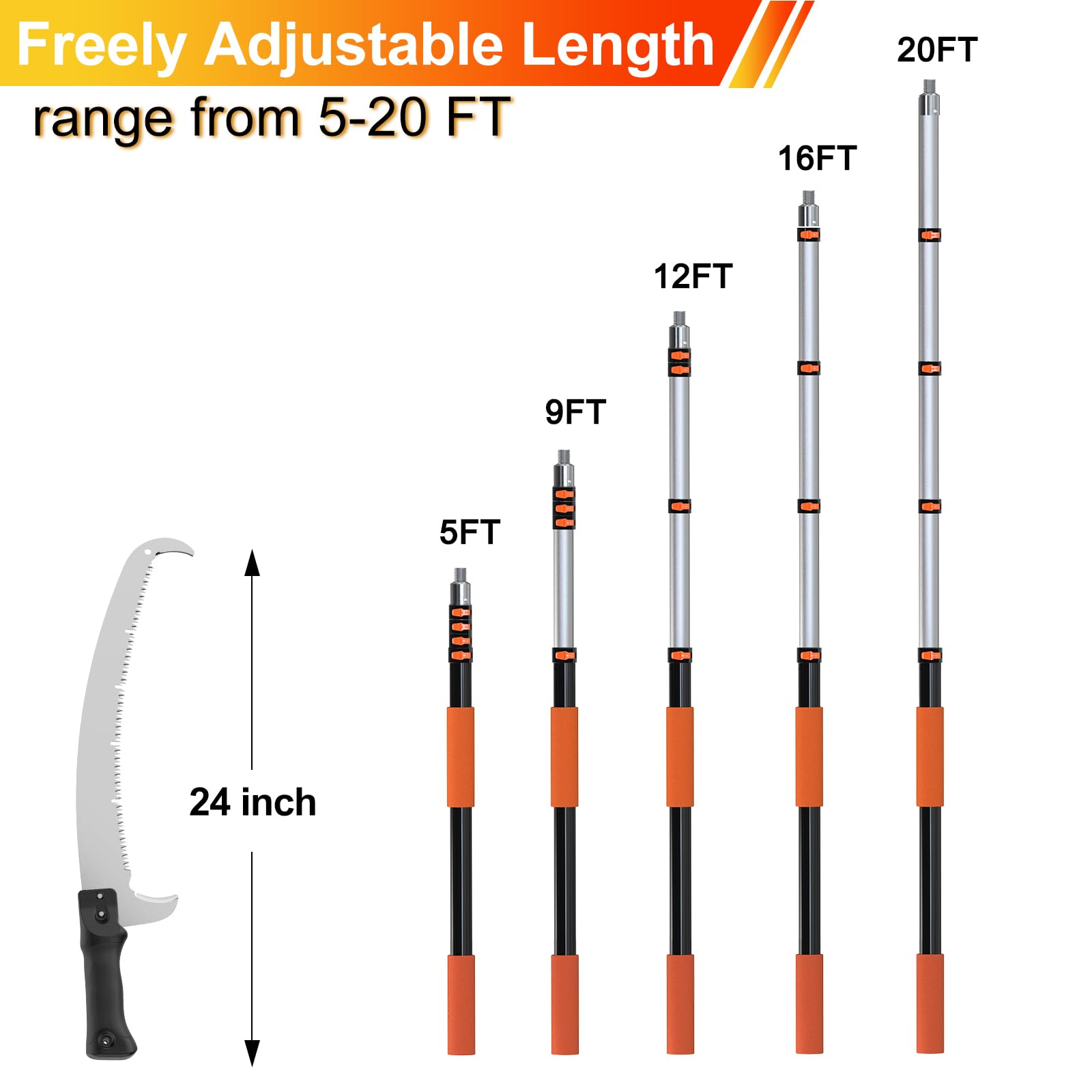 LAANPOLE 26FT Pole Saw, Telescoping Tree Trimmer with 5-20FT Extension Pole, Manual Branches Pruner for Backyard - 4
