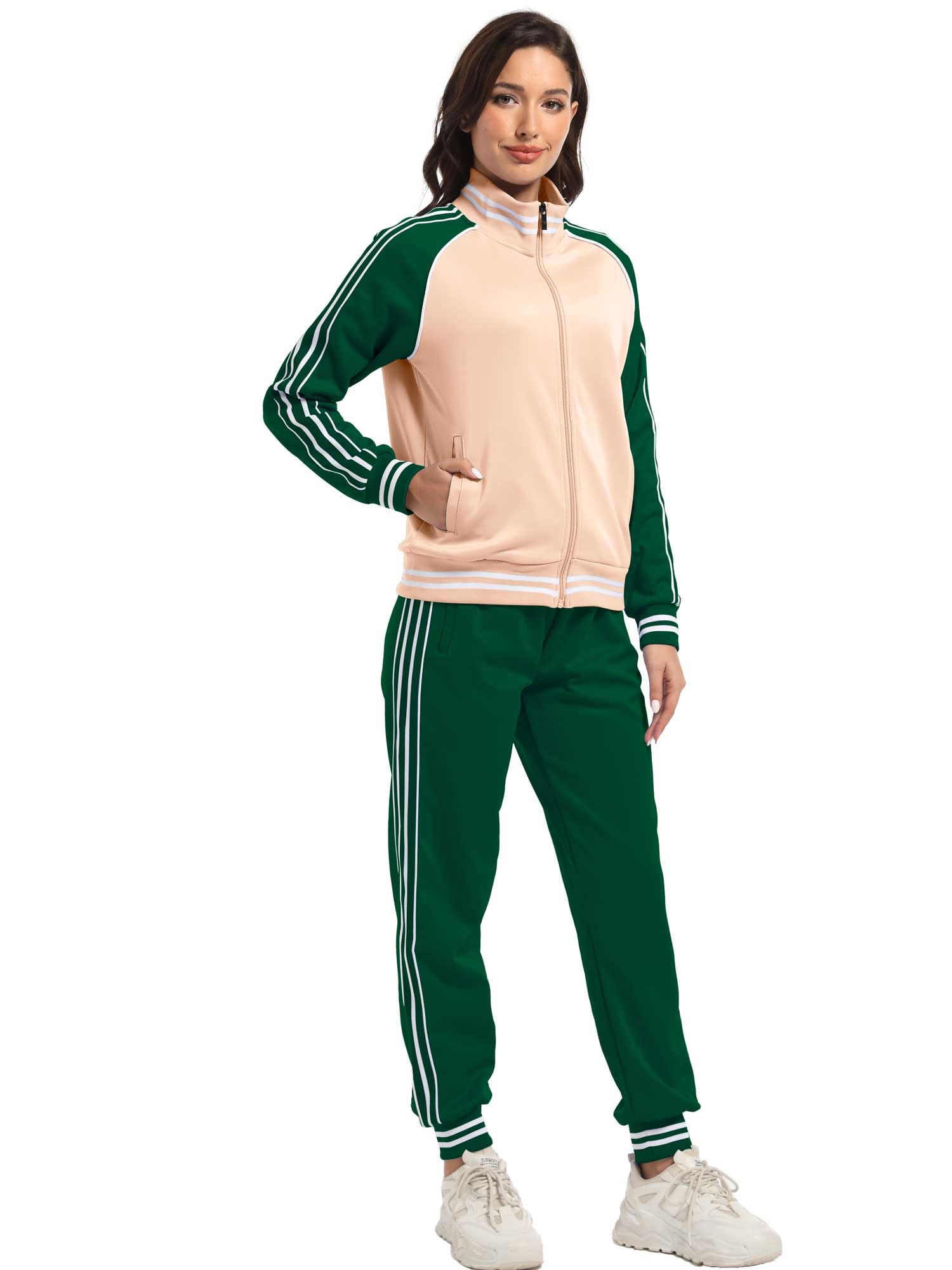 ANOTWENER Damen Trainingsanzug Set Gestreiftem Jogginganzug Sportanzug Zweiteiler Freizeitanzug mit Taschen S-XXL