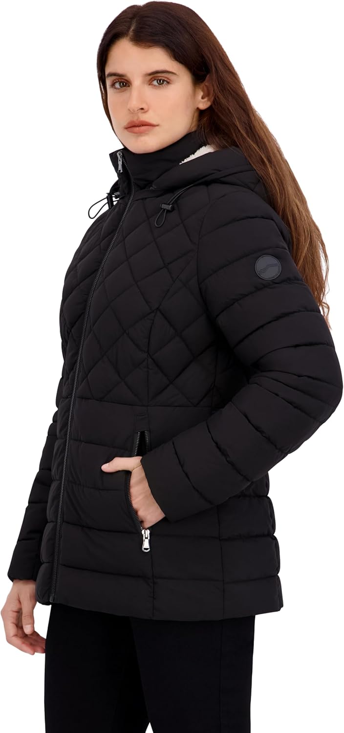 HFX womens Mid-weight Puffer Jacket – Water-resistant, Stretch Fabric Coat, Removable Faux Sherpa Lined Hood - Image 2