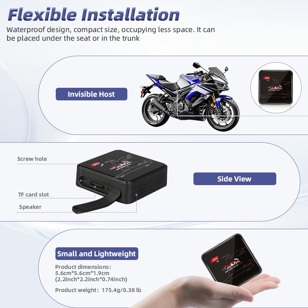 VSYSTO Q3L 2K Caméra Embarquée Moto Double Caméra Avant et Arrière 2K, WiFi 5G, Vision Nocturne Starlight, Étanche, Télécommande Filaire avec LED, Mode Parking, Jusqu'à 512 Go
