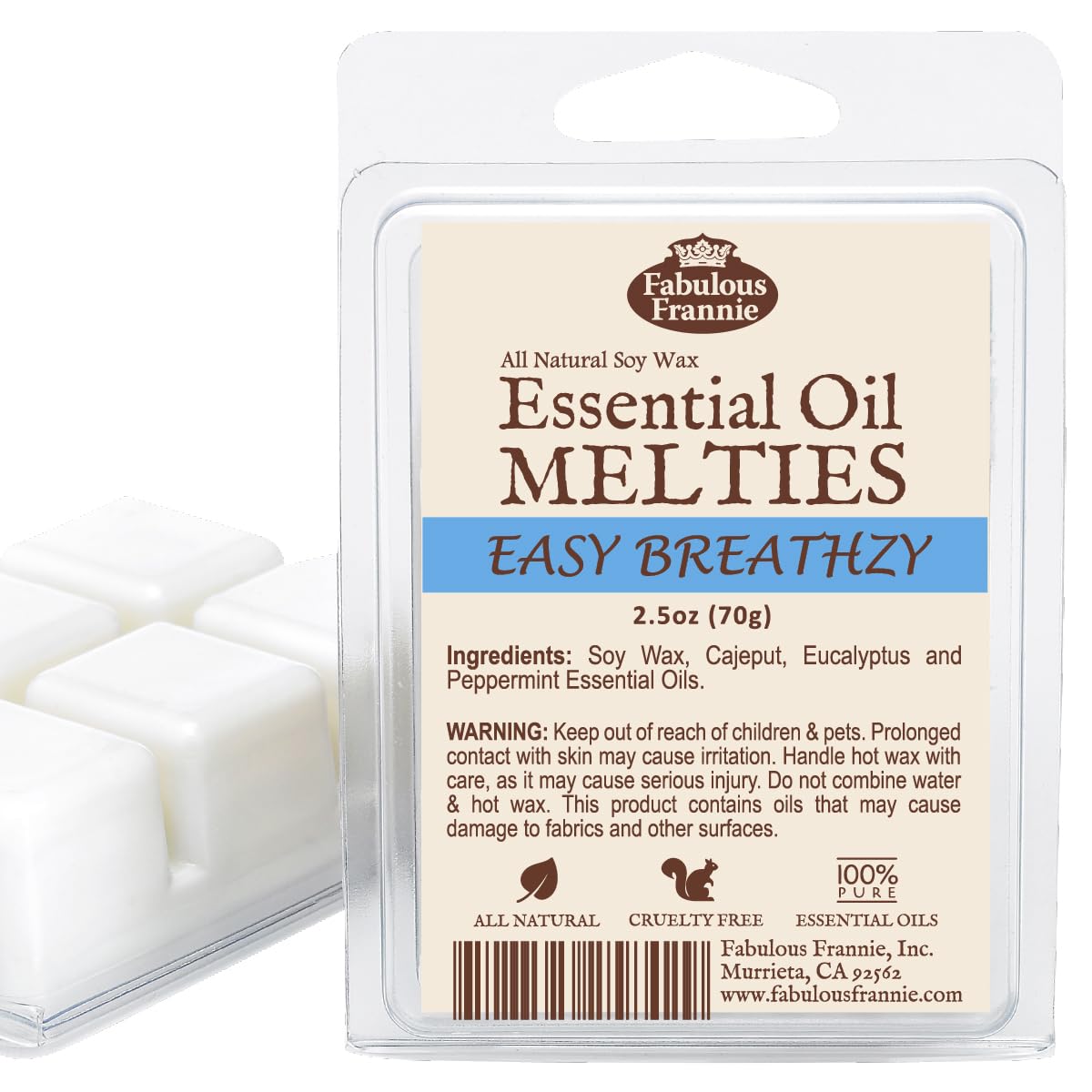 Fabulous Frannie Easy Breathzy All Natural Soy Candle Meltie Tart Made with Pure Eucalyptus, Cajeput and Peppermint Essential Oils 2.5oz