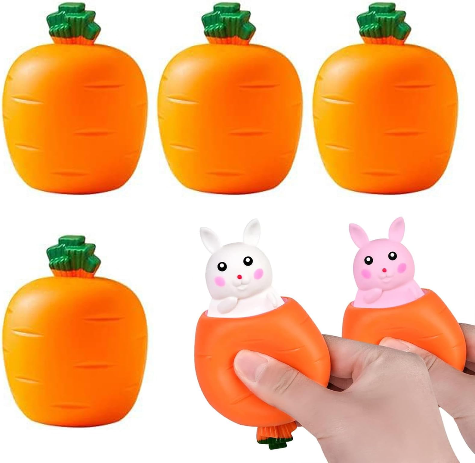 4PCS Easter Basket Essentials, Easter Carrot Rabbit Squeeze Fidget Toys, Bunny Toy, Carrot Bunny, Carrot Rabbit Fidget Toys Squishy Rabbit in Carrot Stress Relief Toys for Kids Adult - Random Colour