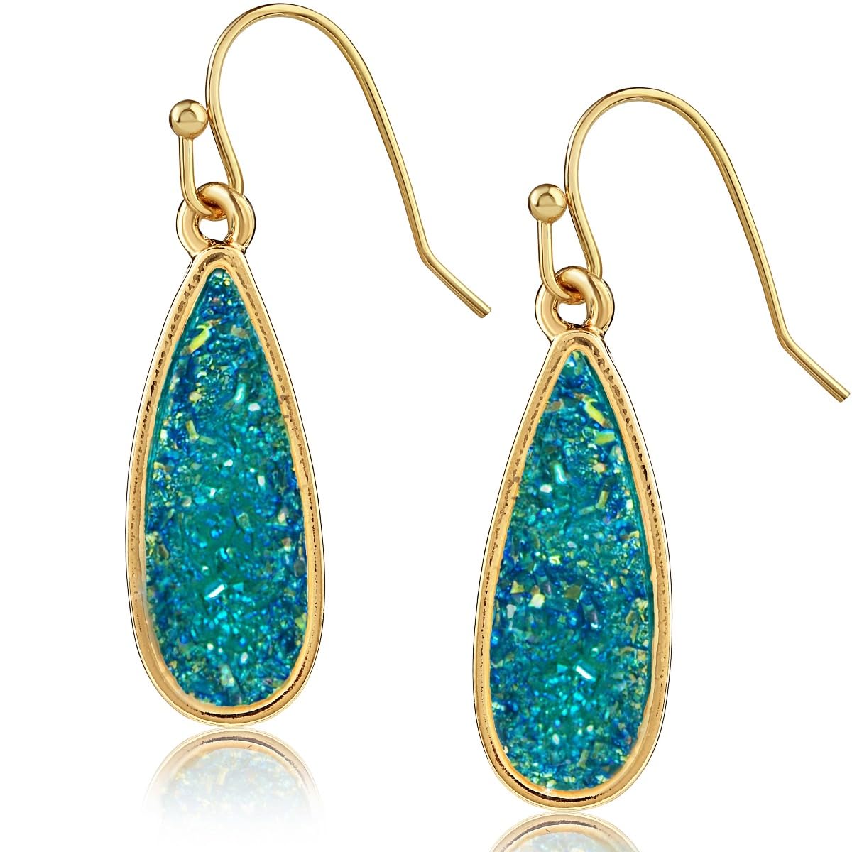 Teardrop Dangle Earrings for Women with Simulated Druzy Stones, in Gold, Rose Gold, or Silver Tone