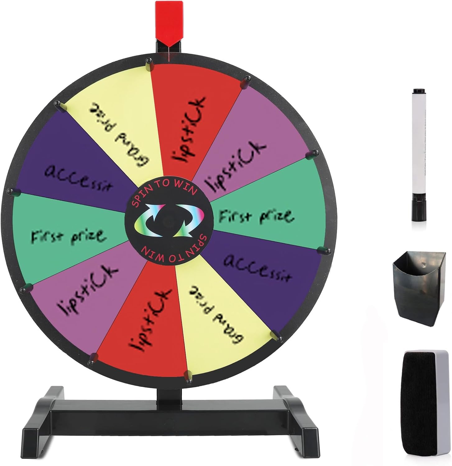 15 inch Tabletop Spinning Prize Wheel 10 Slots with Durable Base Stand Spin Wheel for Prizes Classroom Game Spinner Wheel with Dry Erase Markers and Eraser for Carnival Trade Show Party