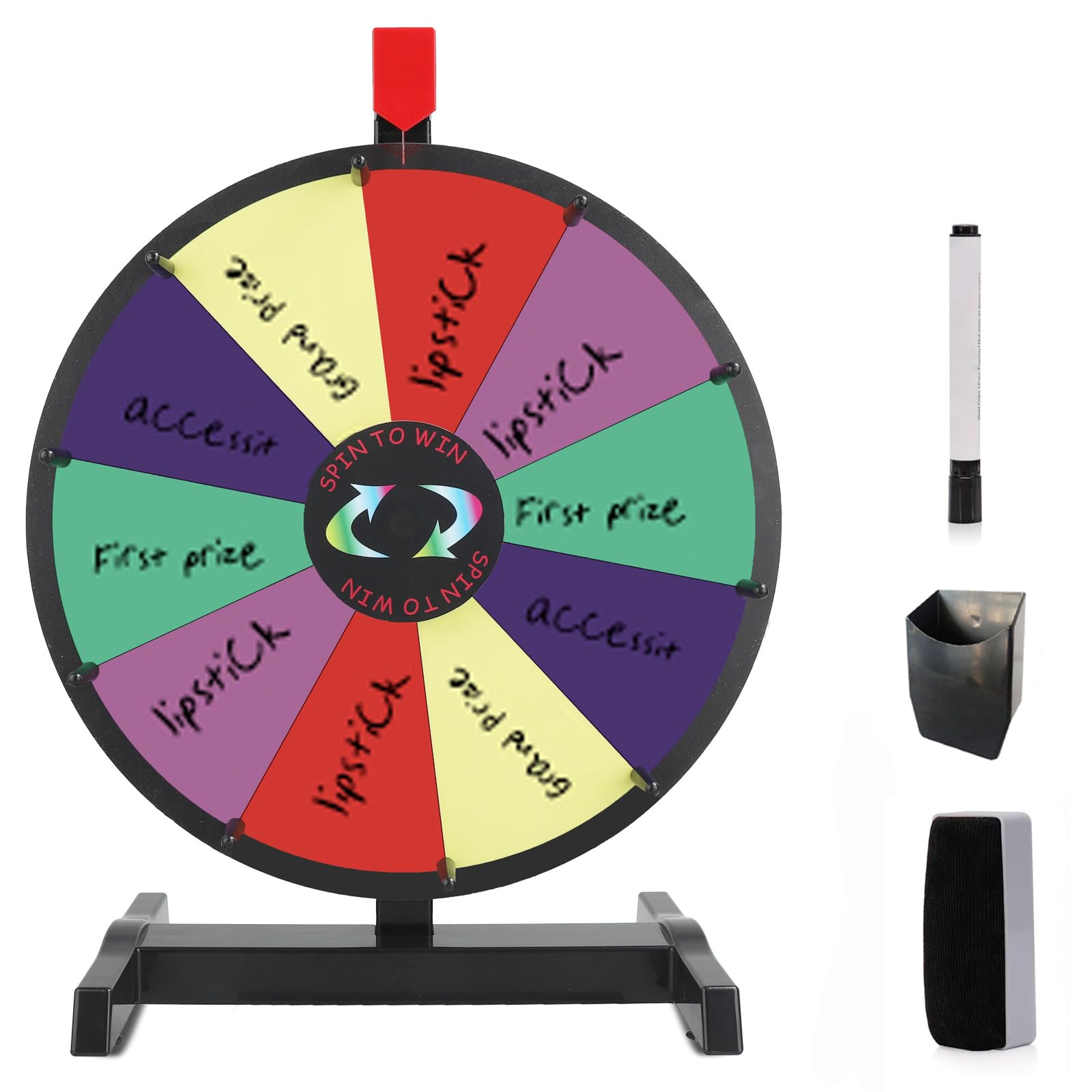 15 Inch Tabletop Spinning Prize Wheel with 10 Slots, Durable Base Stand, Dry Erase Markers & Eraser, Perfect for Classroom, Carnival, Trade Show, Party