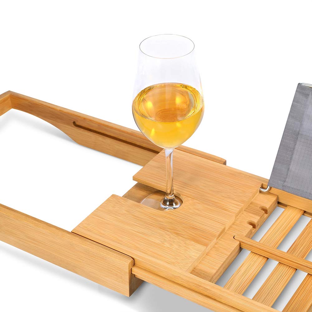 Bandeja de bambú sobre el Puente de la bañera, Bandeja organizadora para bañera, Bandeja Antideslizante para bañera con Lados Extensibles y Soporte para jabón