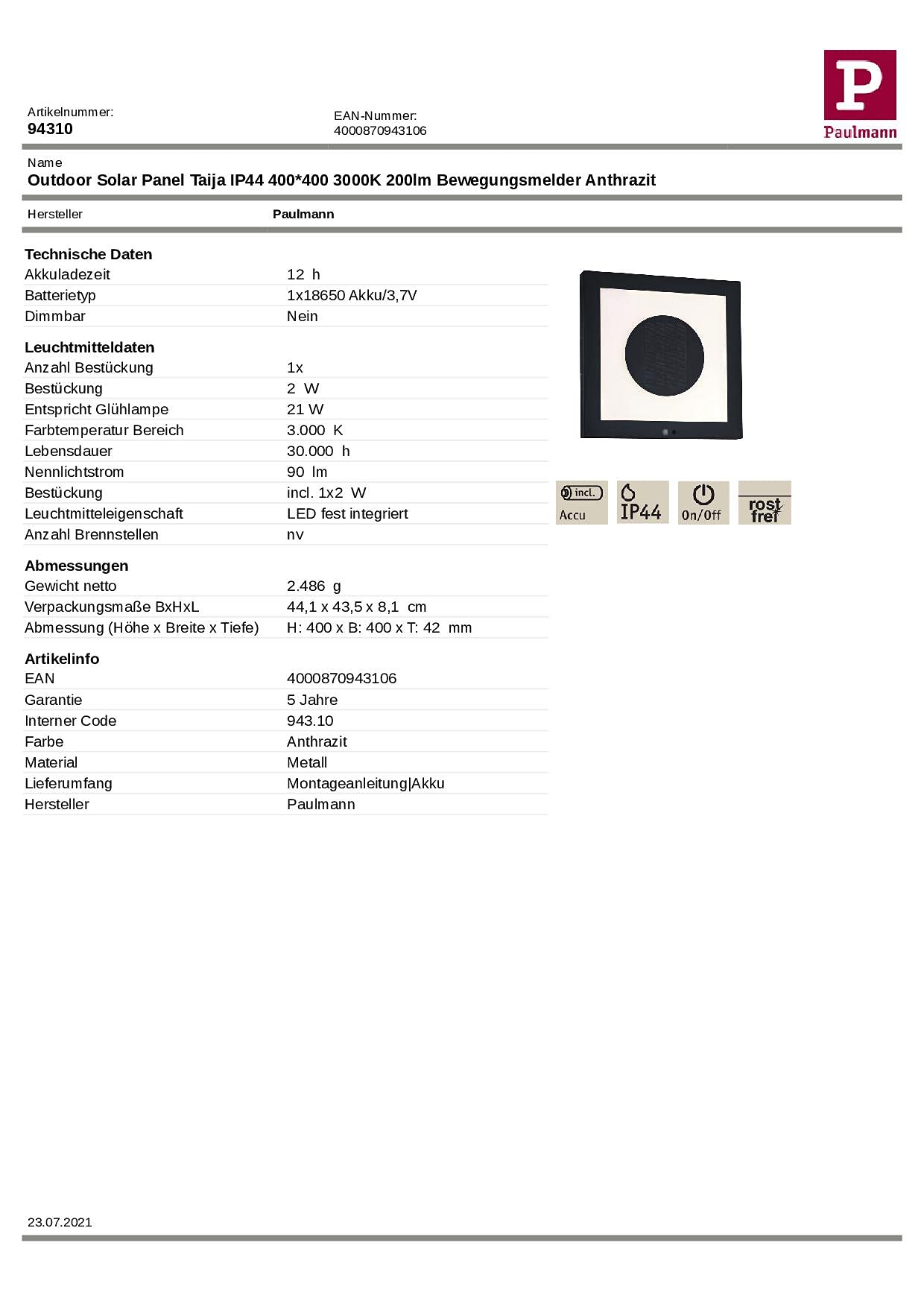 Paulmann Outdoor Solar Panel Taija mit Bewegungsmelder, 40 x 40 cm, IP44, 2 W, 90 lm, Warmweiß, Akku