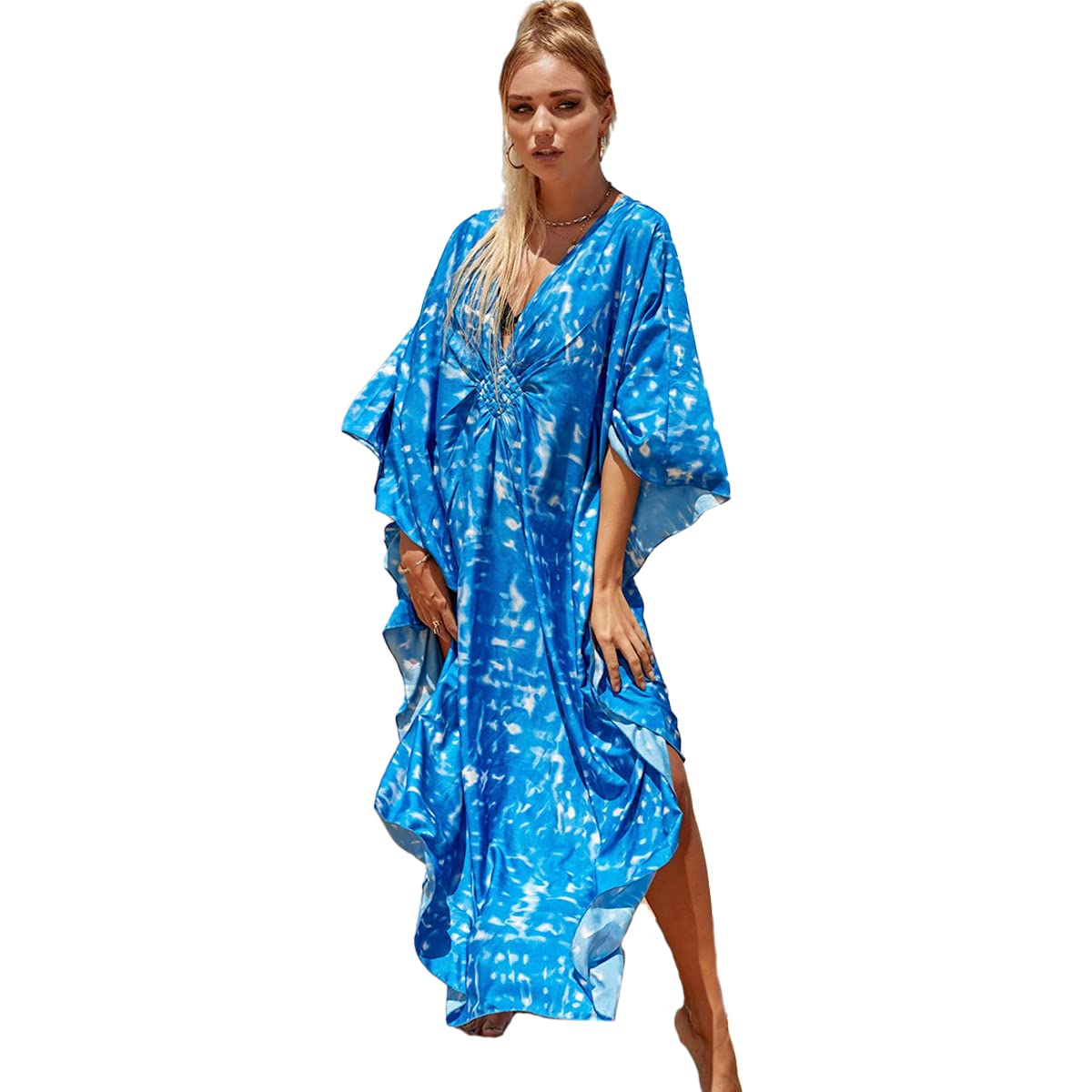Snyemio Kaftan Vestido Largo de Playa Mujer Maxi Pareo Floral Verano Túnica Boho Talla Grande Kimono