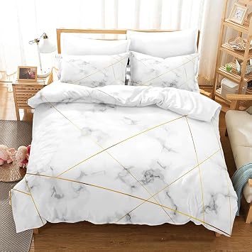 White Grey Marble King Size Duvet Cover Set with Gold Lines Abstract 3D Geometry Marbling Print Kids Adult Comforter Cover Bedding Set Soft Microfiber Quilt Cover Set with 2Pillowcases