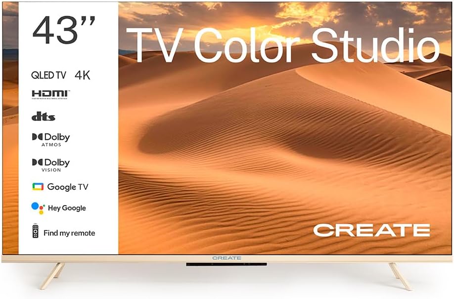 CREATE / TV Color Studio/Televisor Smart TV QLED 4K 43″ Arena/Pantalla antirreflejos, Acabado Mate, Control por Voz, Sensor de iluminación, Dolby Atmos, Low Blue Light & Flicker Free, HDMI TM
