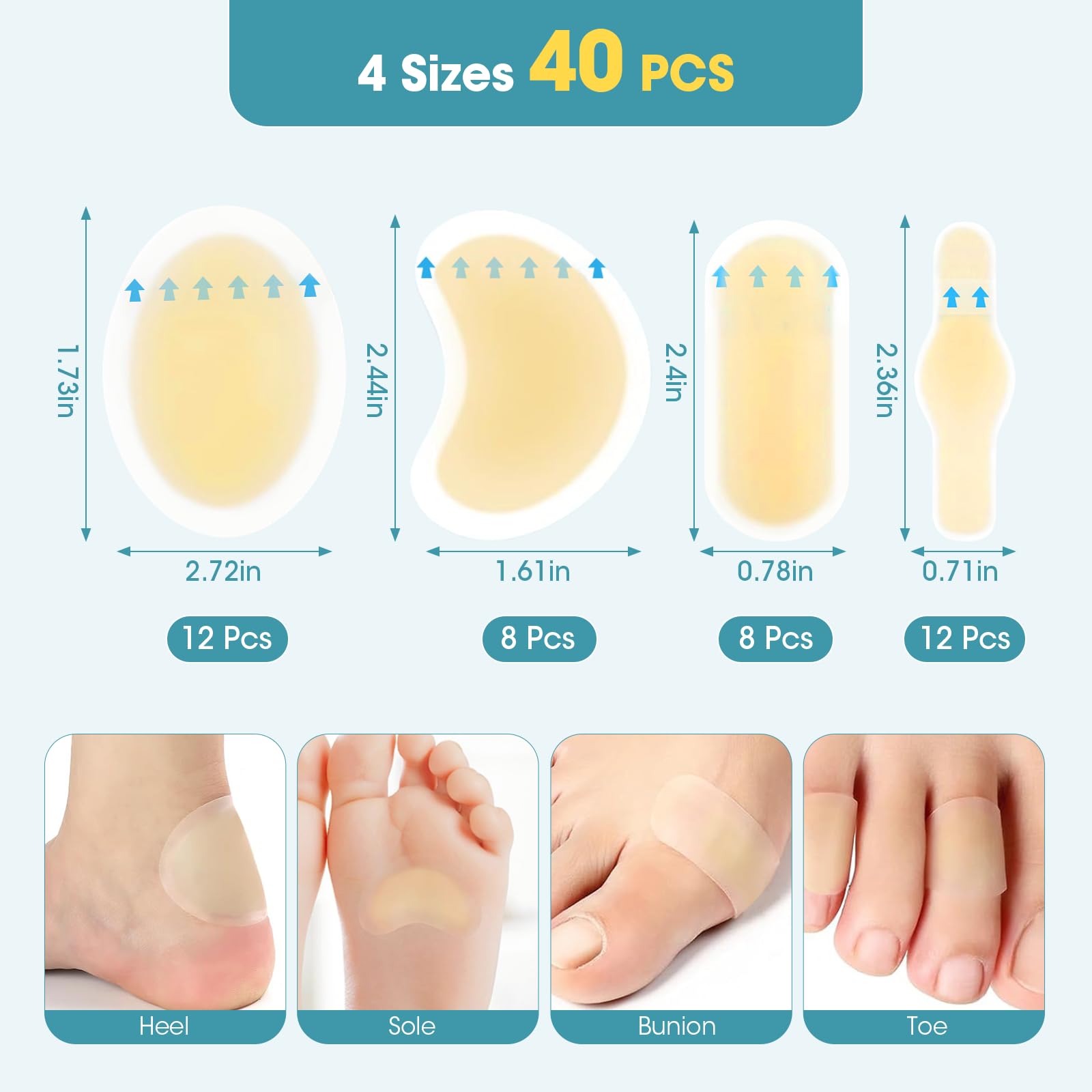 MQUPIN 40 pezzi cerotti per vesciche, bende per vesciche in gel impermeabili in 4 diverse misure, bende adesive piedi sul tallone per dita dei piedi, avampiedi e talloni