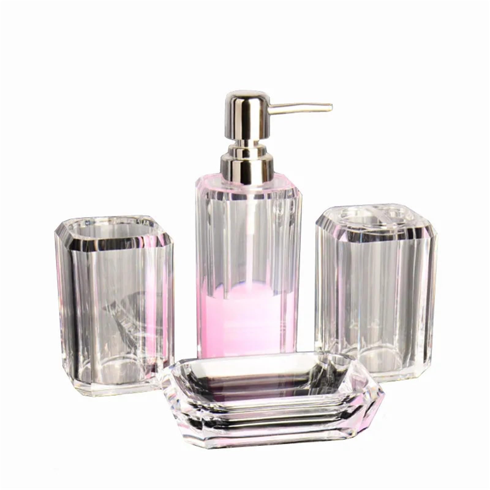 Soap Dispenser Clear Bathroom Set Toilet Storage Accessories Soap Dispenser Bottle Dish Toothbrush Holder Badroom(4pcs pink)