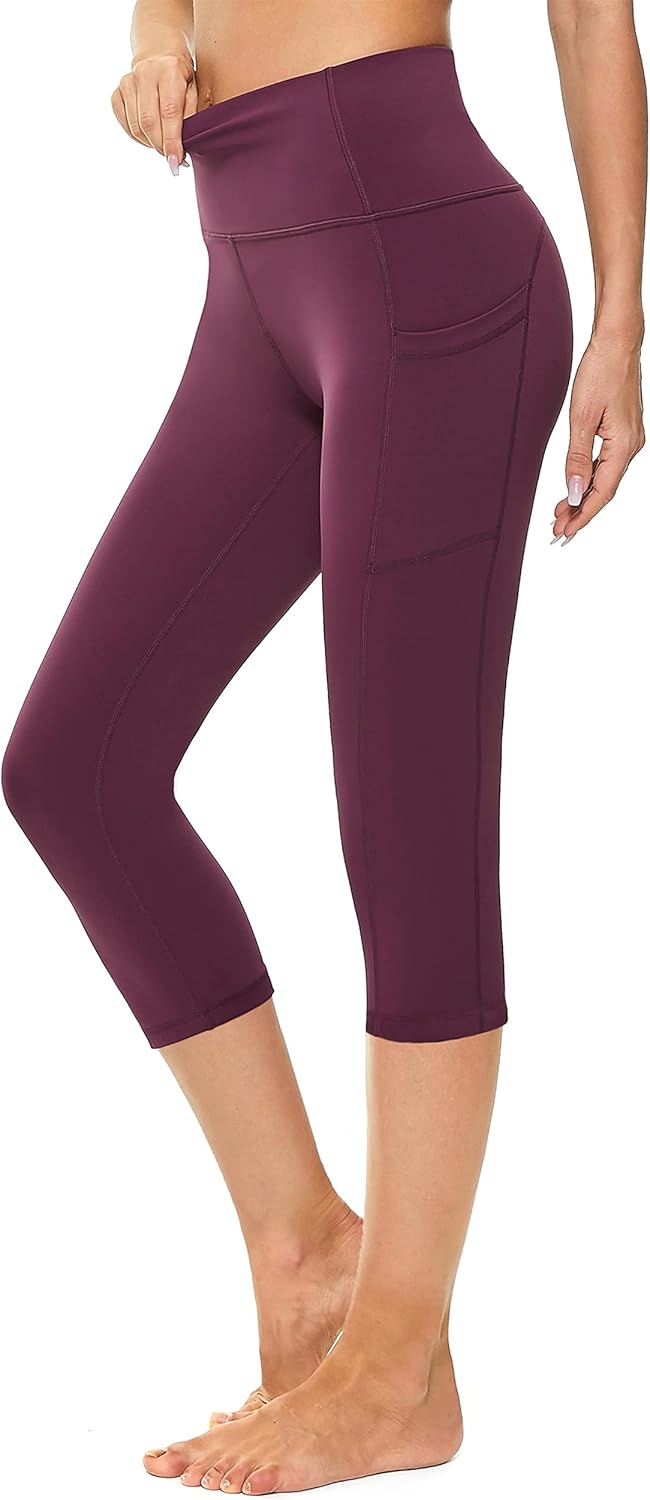 Sugar Pocket Women's High Waist Yoga Pants with Pockets,Workout Running Yoga Leggings for Women XL Dark Red Capri - Image 3