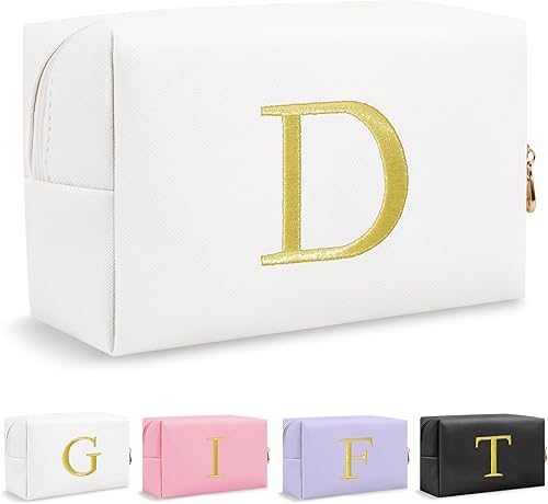Miniatura 18 de Bolsa de Maquillaje con Inicial de Regalo Personalizado, Bolsa de Cosméticos Preppy con Letra Bordada Dorada, Rellenos de Calcetín para Chicas Blanco