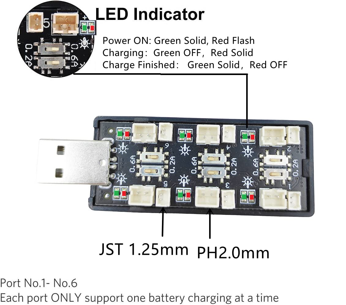 Youmile 1S LiPo-accu, USB-oplader, 3,7 V/4,20 V, 6-kanaals 1S-LiPo-oplader, JST 1,25 JST-PH 2,0 mCX mCPX-aansluitingen, met USB-verlengkabel, voor het opladen van accu's