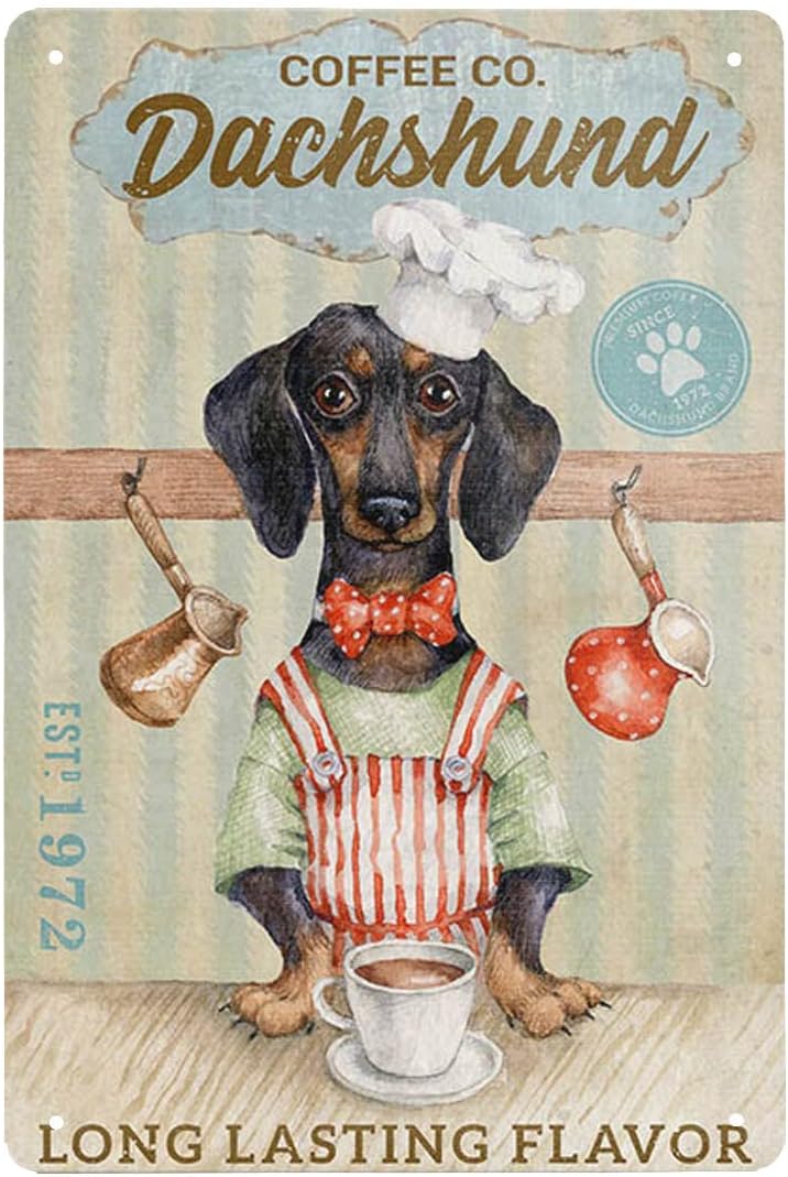 Vintage Dachshund Coffee Co Tin Sign Long Lasting Flavor Metal Poster Retro Plaque Wall Decor Gift For Garden Men Cave Garage Classroom Library Living Room School 16x24 Inch