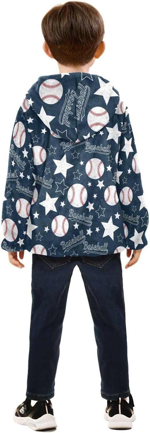Baseball Pattern Toddler Fleece Jacket with Hood Children Coat Navy Blue Baby Boys Fall Fleece Jacket