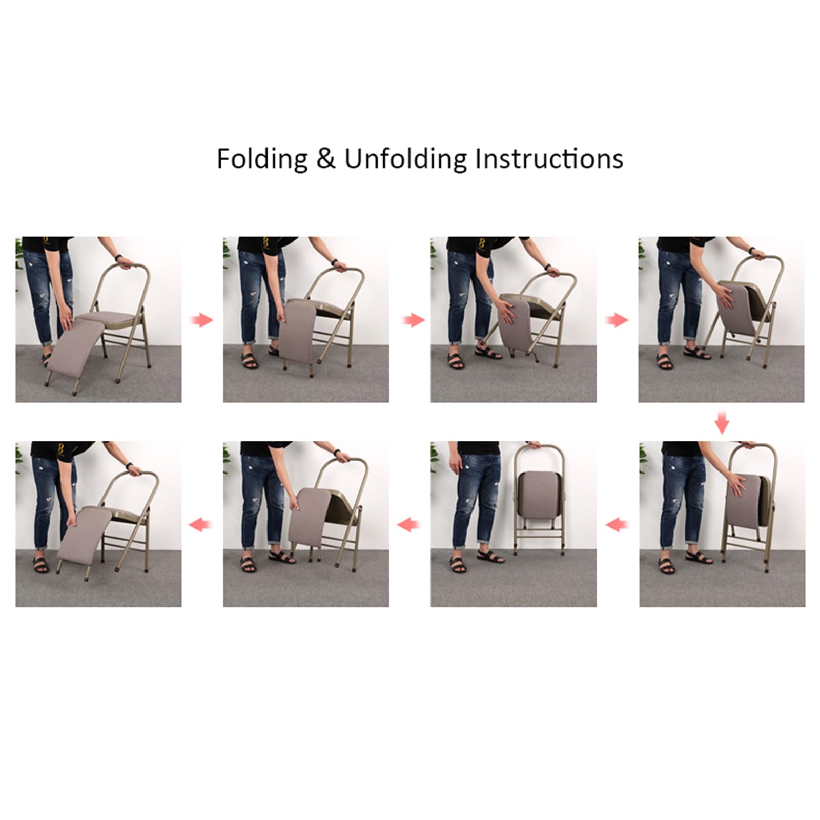 Silla de yoga plegable moderna con soporte lumbar, silla de asistencia portátil para principiantes, diseño que ahorra espacio, cómoda mezcla de algodón y lino gris para práctica de yoga