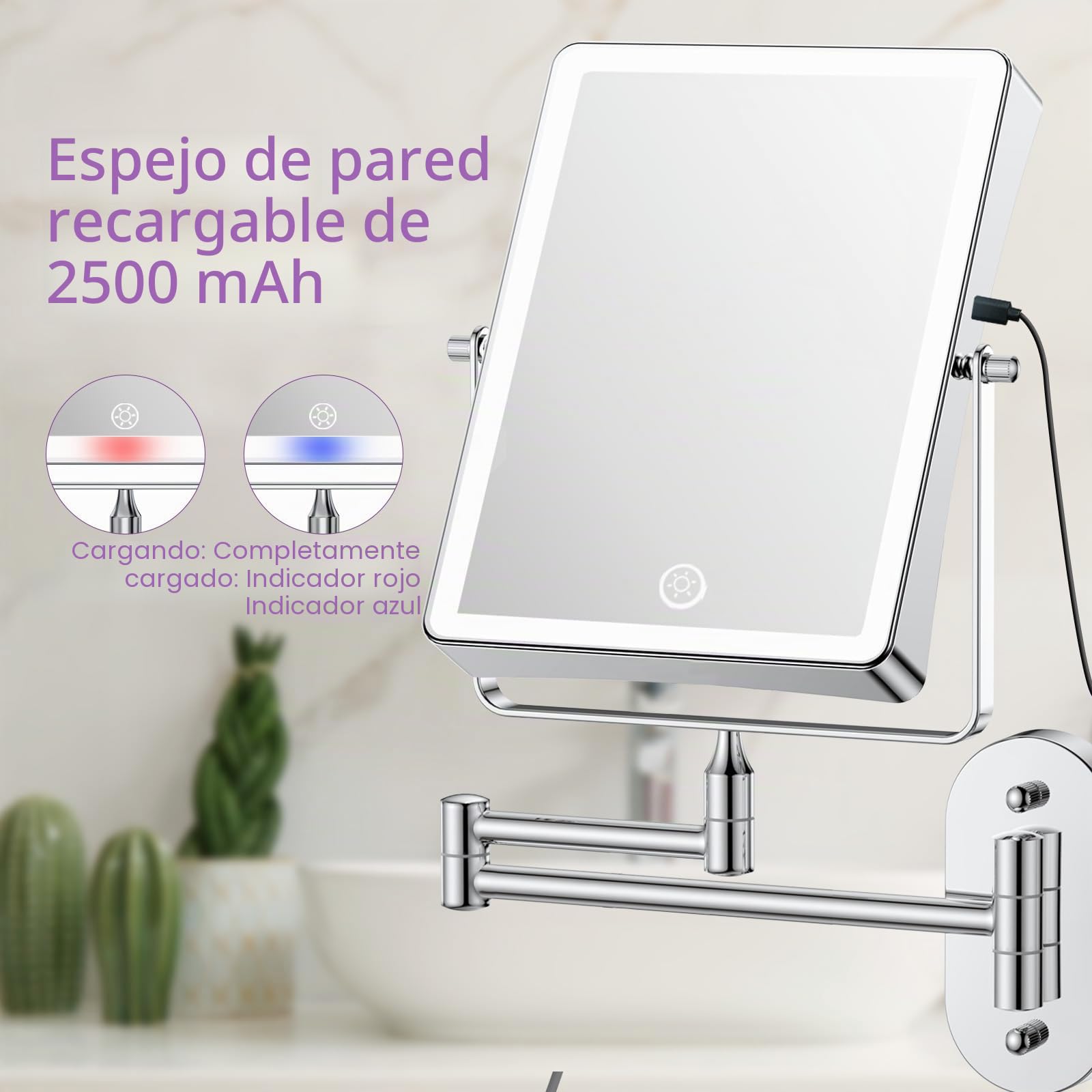 FASCINATE Espejo de Maquillaje Recargable con Aumento 1X/10X, 3 Luces Regulables, Pantalla táctil giratoria 360°, Montaje en Pared, Espejo de Afeitado para baño