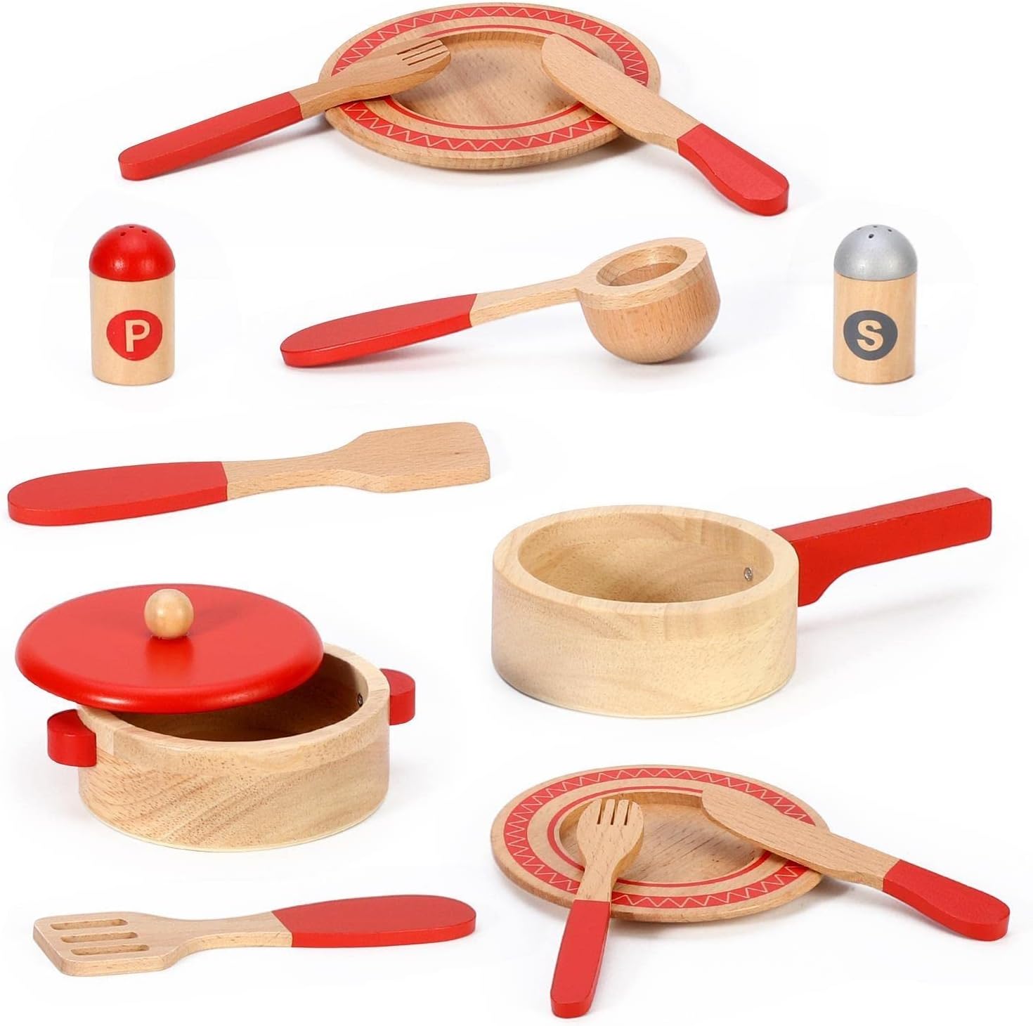 SOKA Wooden Kitchen Red 14PC Cooking Set Interactive Pretend Role Playset Early Developmental Kitchen Miniature Educational Preschool Learning Toy for Children Kids Girls Ages 3 year old +
