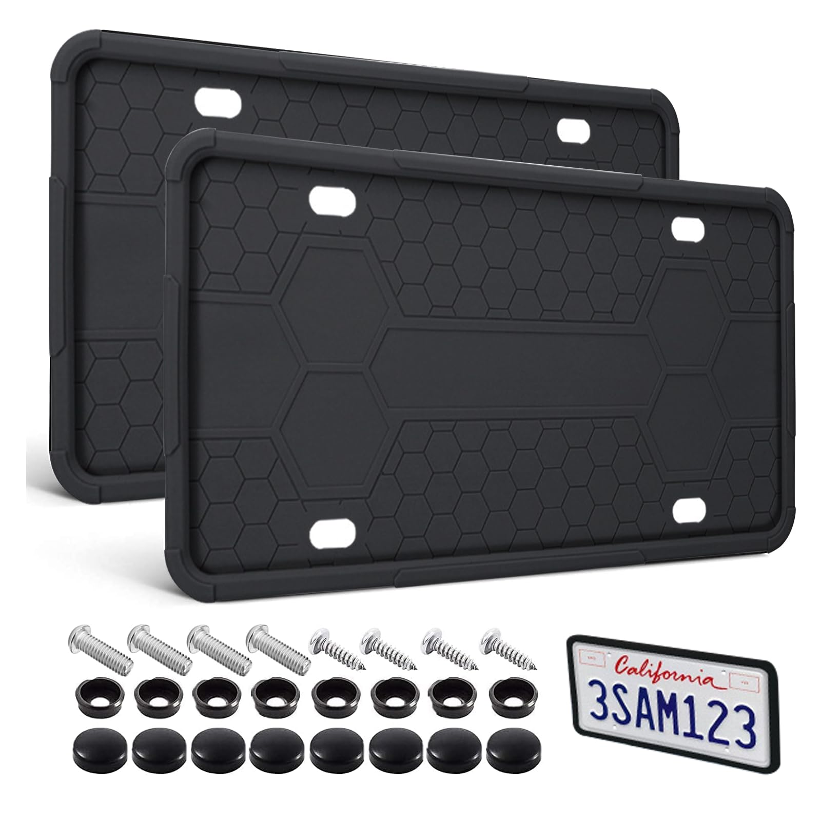 RJUP License Plate Frame 2 Pack Black, Universal Silicone License Plate Holder for Cars, SUVs, Vans, Rustproof & Weatherproof, Anti-Scratch License Plate Protector, Easy Installation for Men & Women