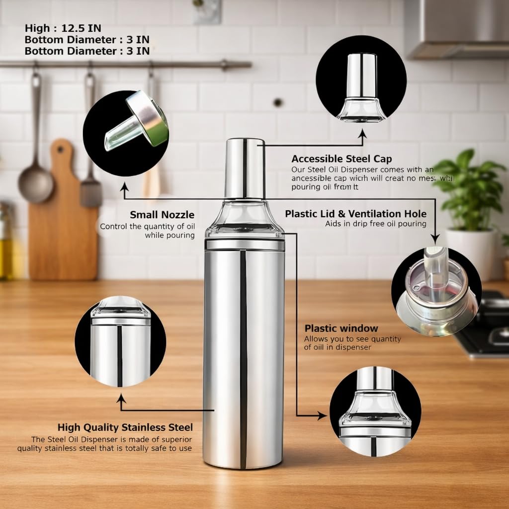 STEEPLE® Steel Oil Dispenser 1 litre | Oil Container | Oil Bottle | Storage Organizer | Pot | Cooking Oil Dispenser For Kitchen Set & Resturant 1000ml Pack Of 2 4