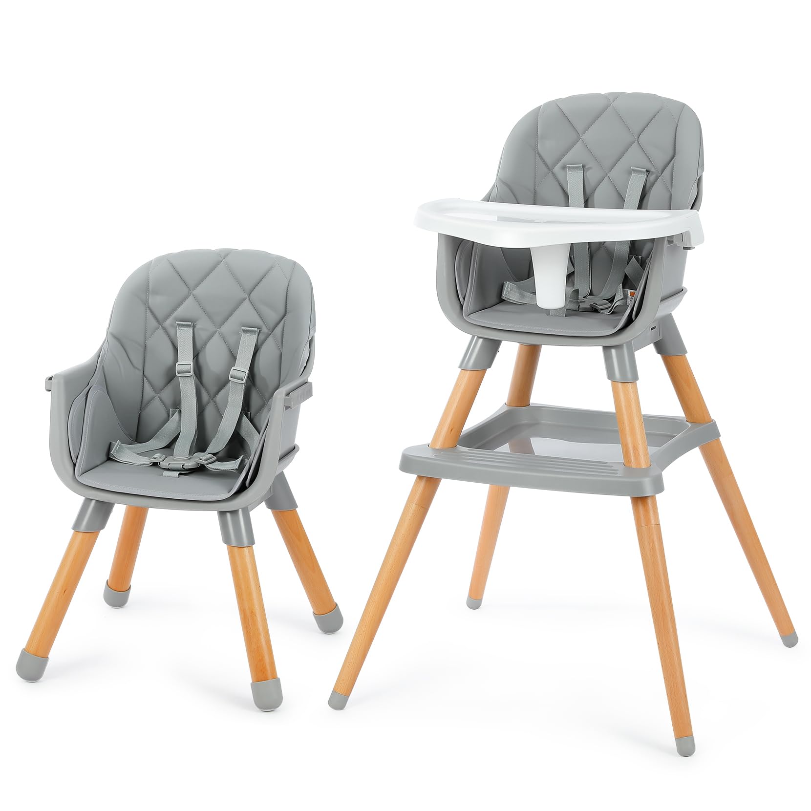 Hochstuhl Baby, Kinderhochstuhl, Babystuhl, Kombihochstuhl, Beine aus Holz, umwandelbar zu Sitzerhöhung & Barhocker, mit 5-Punkt-Gurt und abnehmbare Tablett (Grau mit Ablage)