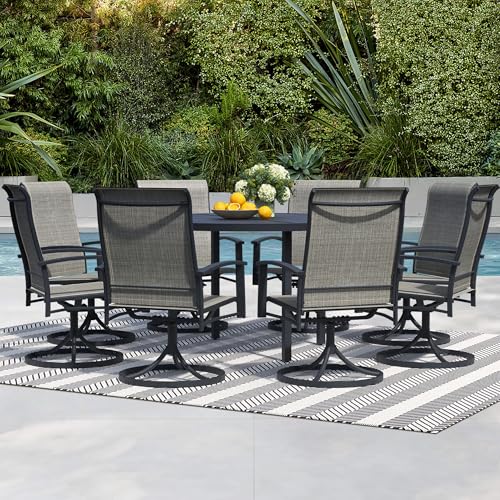 Stabrech 9 Pieces Outdoor Table and Chairs for 8, 60" Black Round Table with 8 Grey Swivel Chairs, Patio Set with Swivel Chair, Garden Tables for Outdoor, Patio Dining Set for Lawn Backyard Poolside