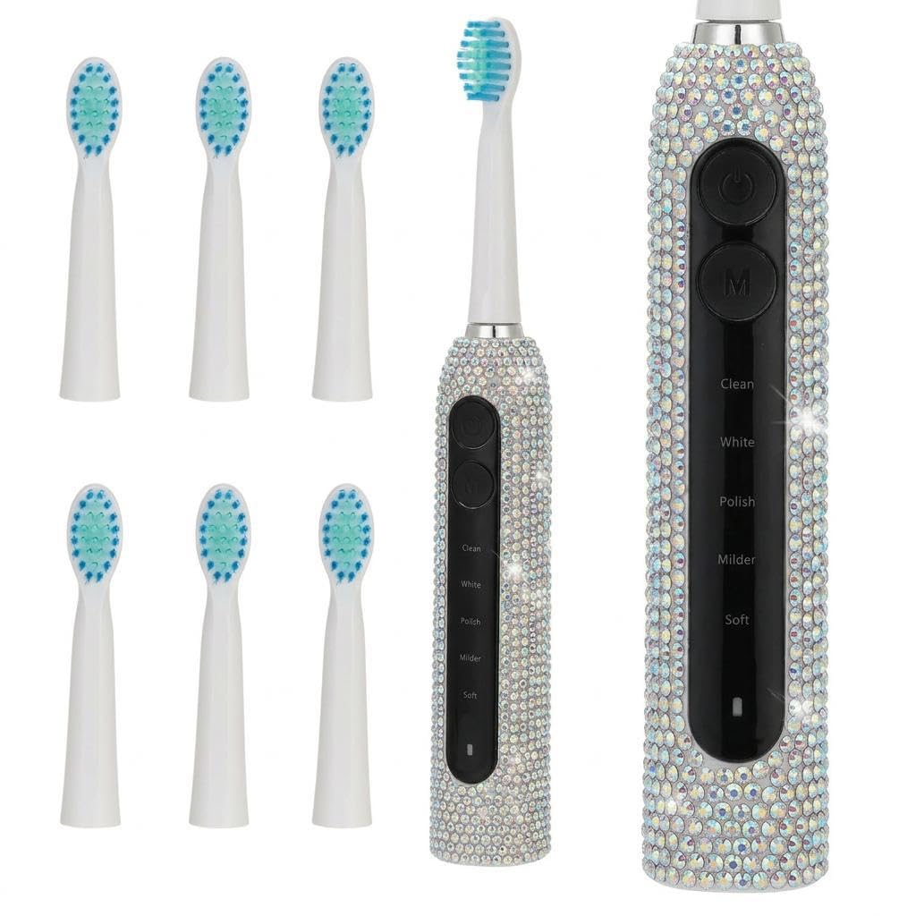 Diamond Sonic - Cepillo de dientes eléctrico brillante recargable para adultos con 6 cabezales de cepillo, cepillo de dientes vibratorio, 5 modos, carga rápida USB-C, temporizador inteligente