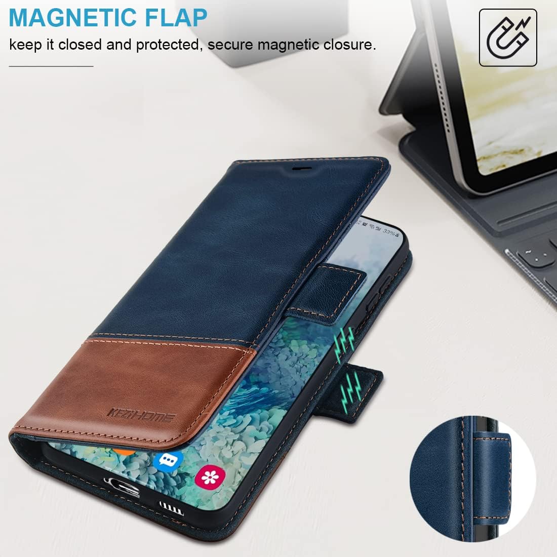 KEZiHOME for Samsung Galaxy S23+ Plus 5G Case, Wallet Case, Genuine Leather Flip Stand Card Slot RFID Blocking Magnetic Compatible with Galaxy S23 Plus 5G (2023) (Royal Blue/Brown)