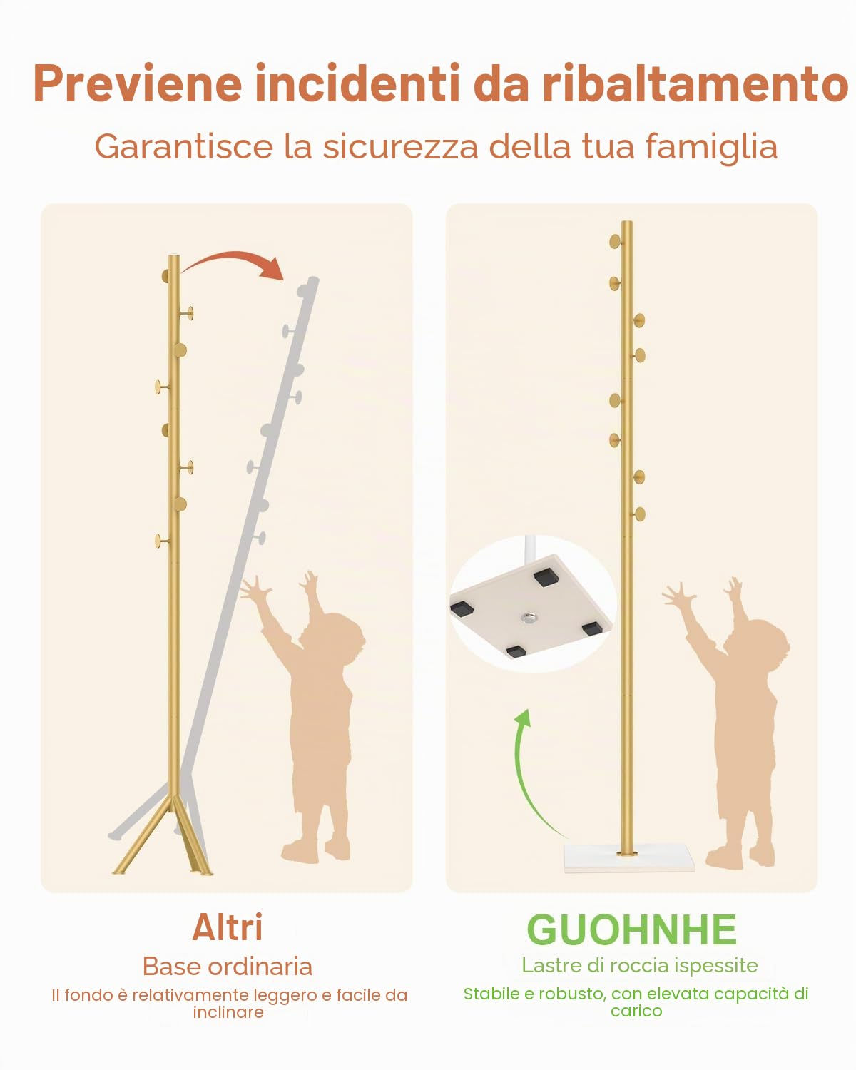 Appendiabiti Ingresso, Attaccapanni Piccoli in Metallo con 8 Ganci Metallici, 30 x 30 x 175, Giallo Dorato, GYJ002WJ