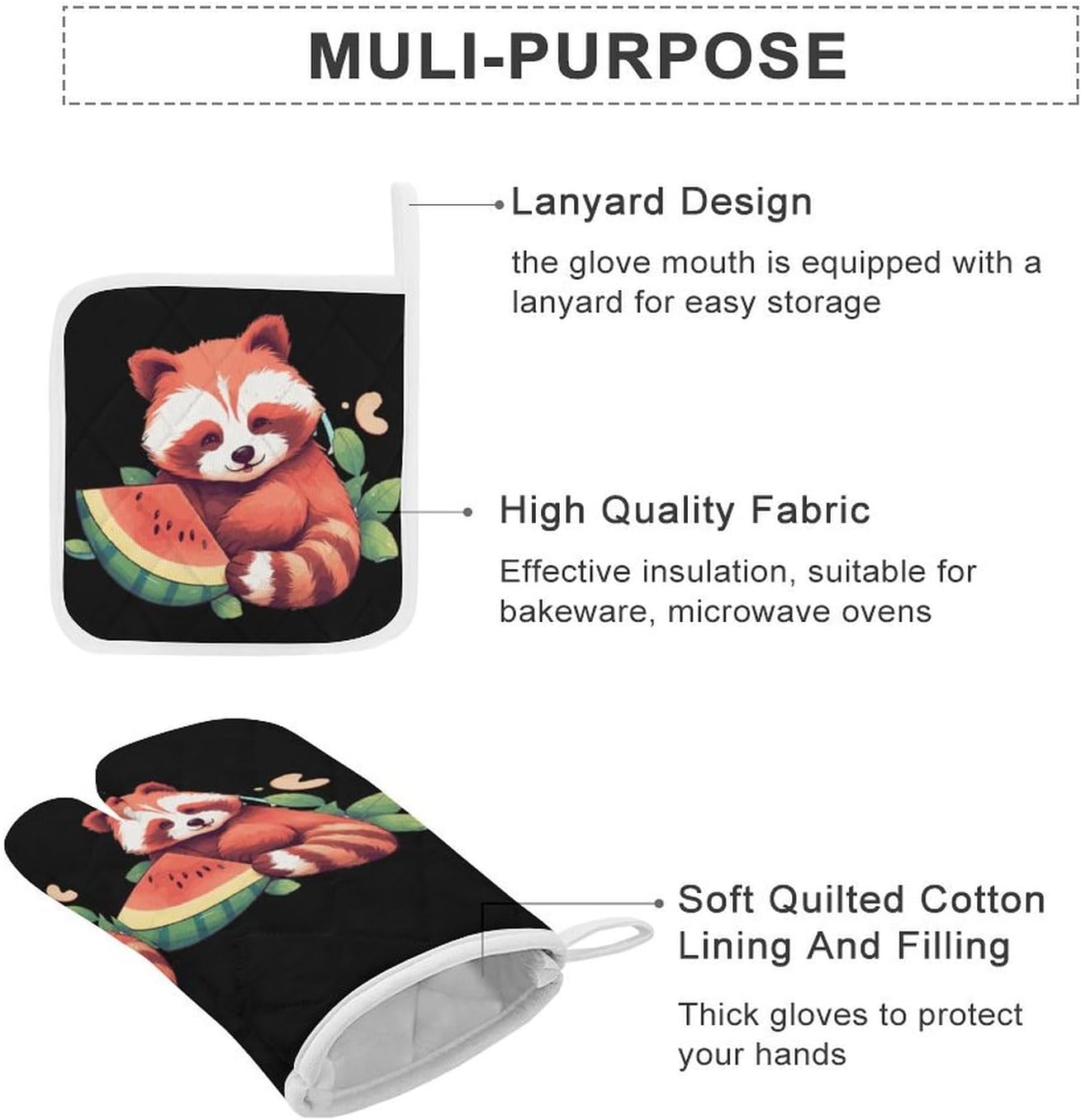 Red Panda Watermelon Pattern 4 Pcs Oven Mitts and Pot Holders Set High Heat Resistant Long Kitchen Oven Glove Potholders