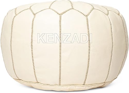 KENZADI Puf de cuero genuino relleno hecho a mano cosido en Marrakech por artesanos marroquíes (blanco cremoso)