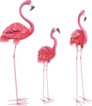 3Pcs Pink Flamingo Yard Decorations, Metal Flamingo Garden Statues, Flamingo Outdoor Sculptures Yard Art Decoration, Standing Bird Lawn Ornaments for Home, Patio, Backyard Decor