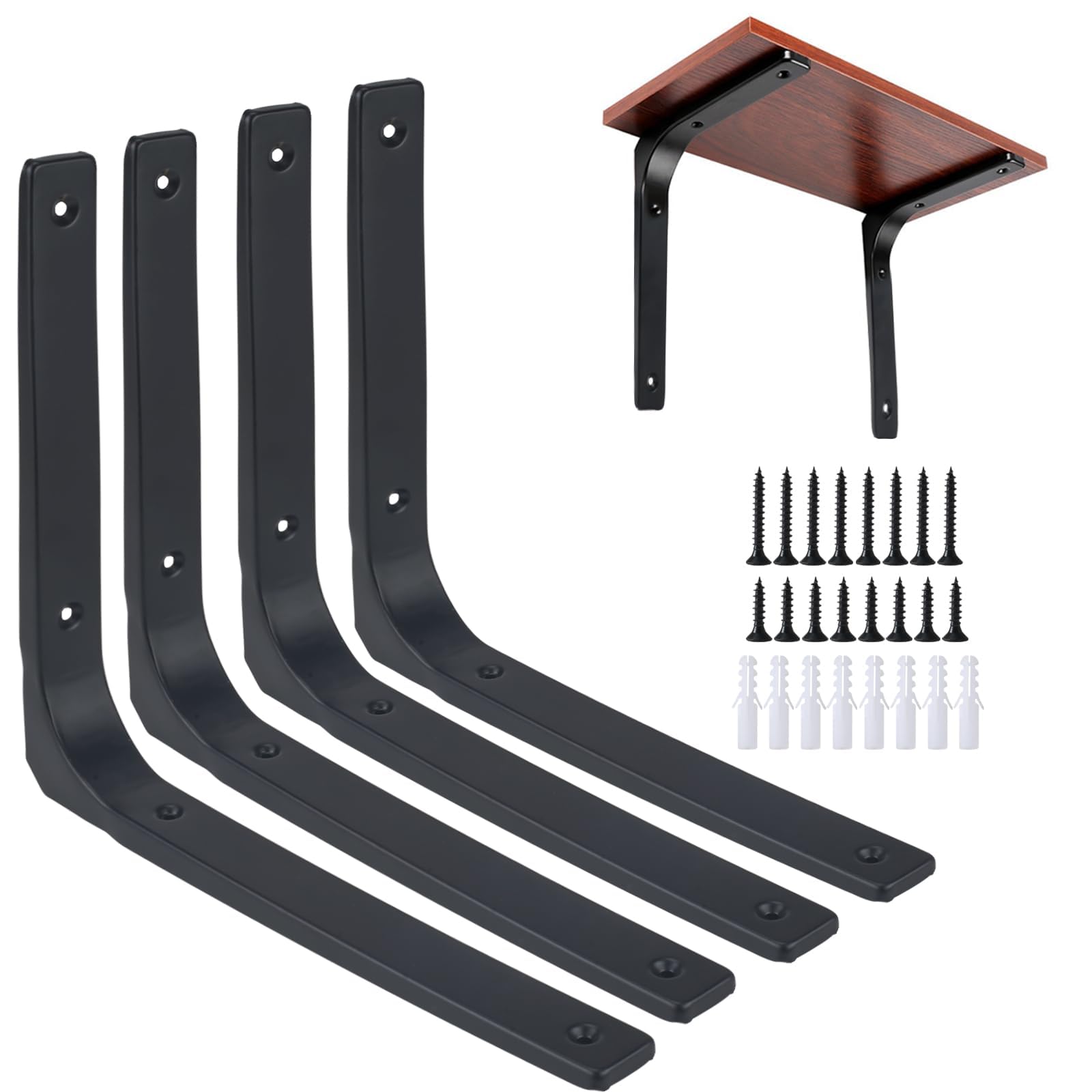 Fairblo 4Pcs Black Shelf Brackets 300 x 250mm Large Metal L Bracket for Shelves Heavy Duty Wall Brackets with Screws Right Angle Bracket Wooden Shelf Support for Bookshelf Wood Board Garden Shelf