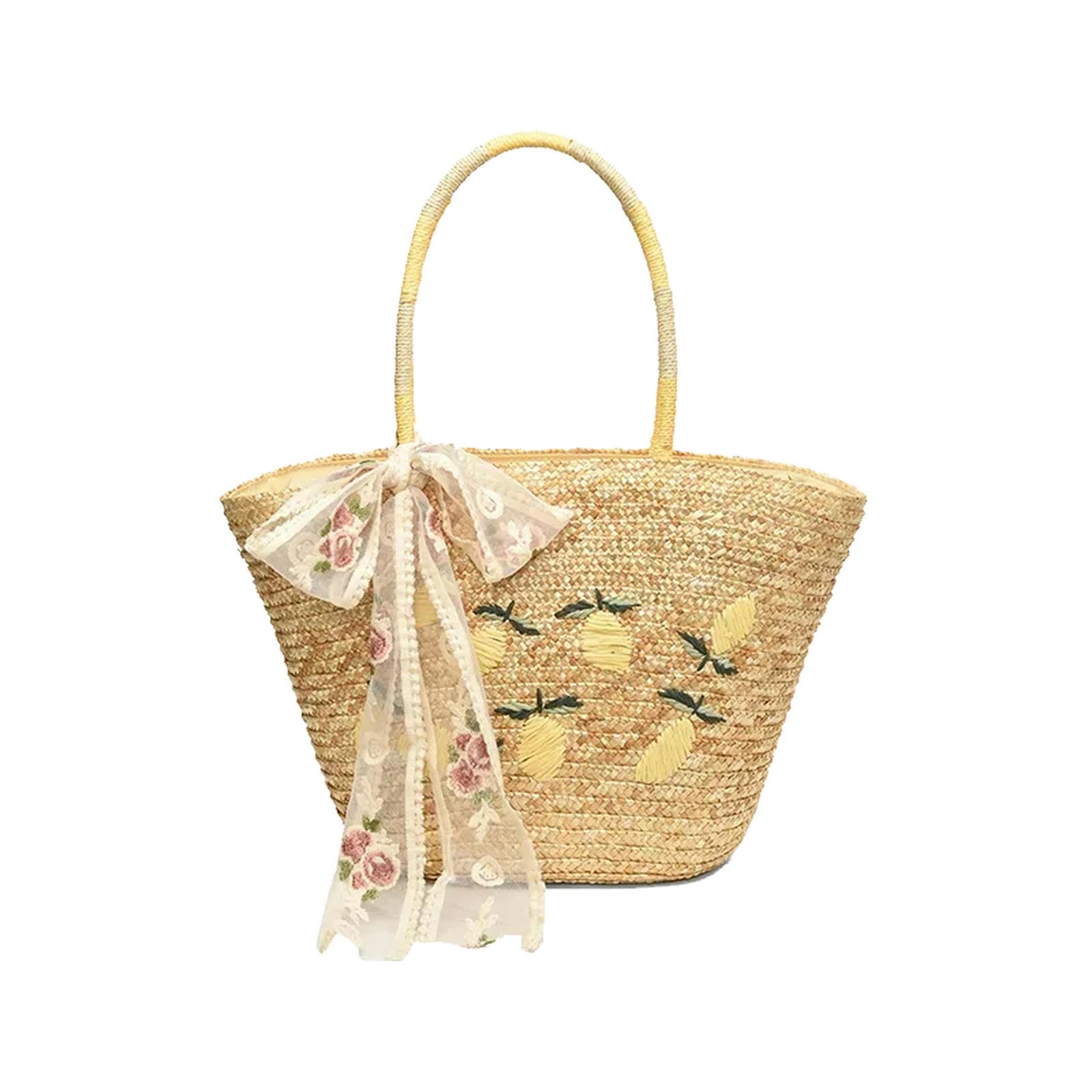 Borsa Paglia Sacca da Donna Estiva Grande Borsa Ricamata A Paglia con Borsetta da Donna in Prua in Pizzo-Beige