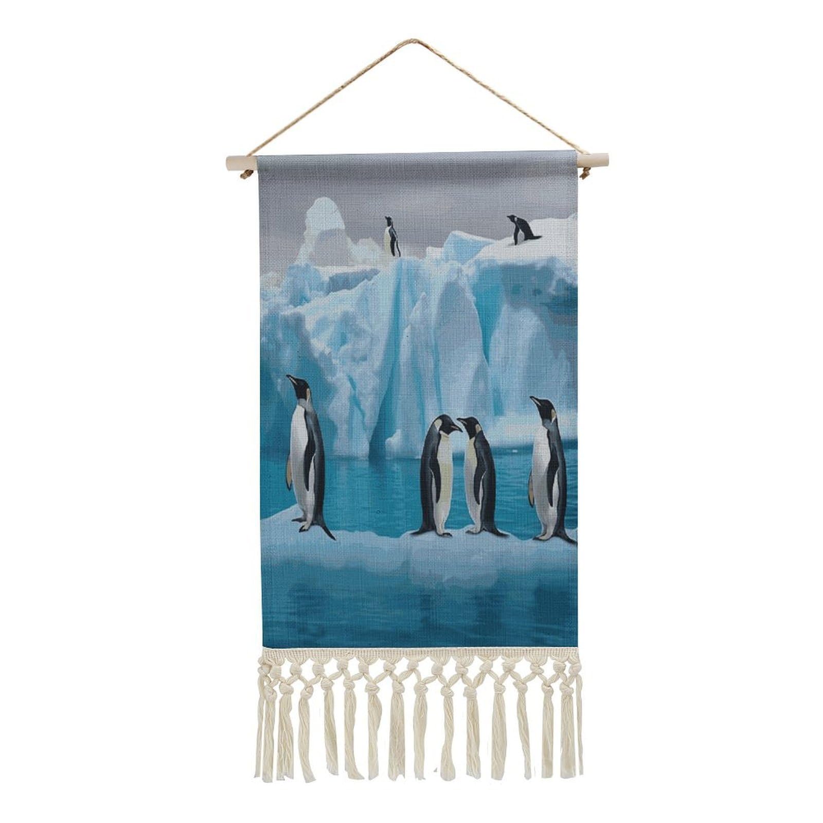 FekiLoot Penguins On The Iceberg Wall Art Print Decor Art Tapestry with Tassel Cotton Linen Hanging Poster Vintage Aesthetic Wall Art Poster Rustic Wall Art Decor for Home Bedroom Living Room Office