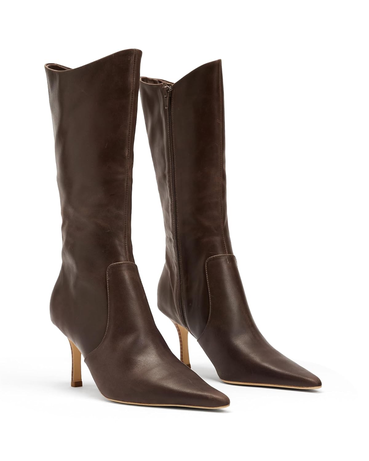 Coutgo Womens Mid Calf Boots Pointed Toe High Heel Long Boots Side Zipper Winter Dress Shoes