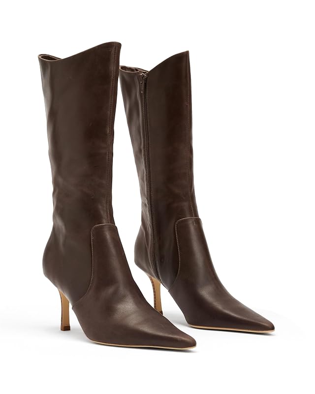 Coutgo Womens Mid Calf Boots Pointed Toe High Heel Long Boots Side Zipper Winter Dress Shoes