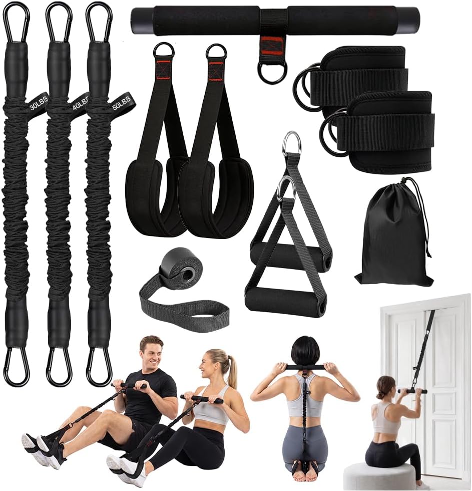 Pedal Resistance Band with Handle, 3 Adjustable Tubes 30-120 LBS, Multifunctional Foot Resistance Bands with Handles, Ankle Straps and Door Anchor, Full Body Workout Equipment for Women Home Gym