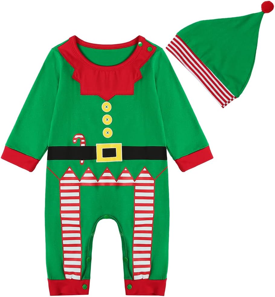 ESHOO Infant Baby Boys Girls Christmas Clothes Baby Long Sleeve Romper with Hat 3 Pcs Xmas Outfits Set