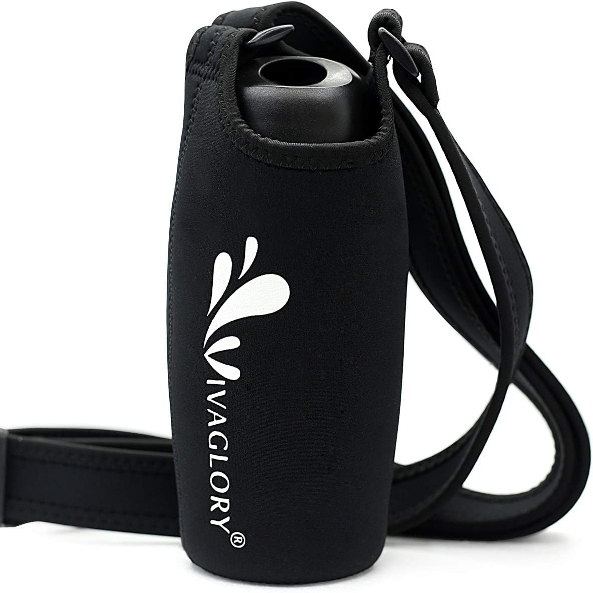 VIVAGLORY Dog Water Bottle & Bottle Holder with Strap Combo for Travel & Walking, Carrier with Adjustable Shoulder Strap, Portable & Stainless Steel for Pet Puppy, 25oz, Black