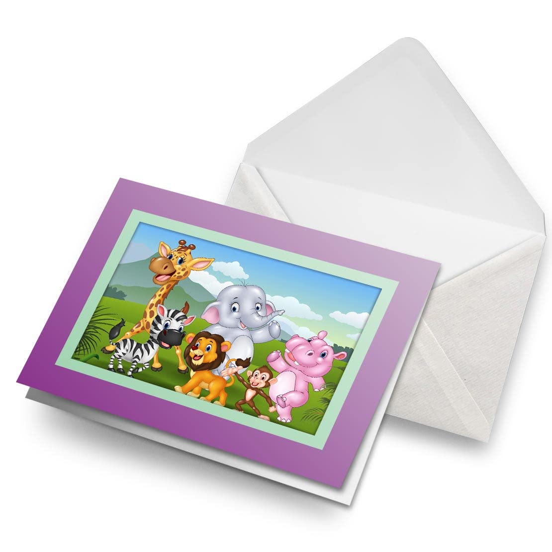 Greeting Card Seafoam & Beet (Photo Insert) - Cartoon Zoo Animals Lion Monkey Kids - Blank Birthday Celebration Anniversary #16888
